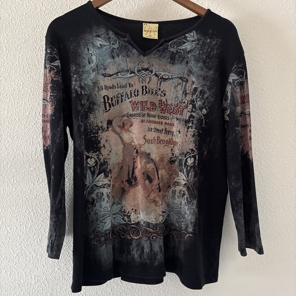 Buffalo Bills Tops - Vintage Mona Lisa Buffalo Bill's Wild West Women's XL Shirt USA Bling Western